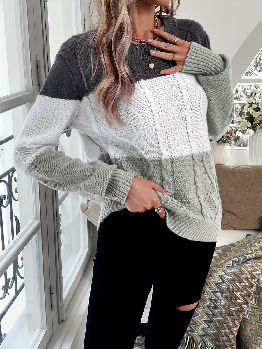 Women's Elegant Color-Block Striped Sweater - Round Neck Non-Stretch Fall Winter Pullover, Versatile Casual & Formal Tops with Grey & White Stripes, Formal Wear Women, Elegant Texture, Comfortable Wear - Mixed Color