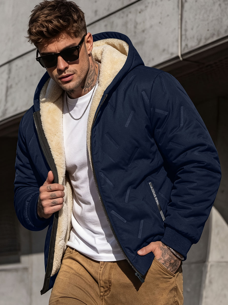 CWPKF Men's Winter Hooded Windproof Jacket with Padded & Zippered Pockets - Thickened Warm Coat Suitable for Weather, Machine Washable Hooded Outerwear for Daily Commute, Outdoor Activities, Gift Choice (Regular Fit) - Blue