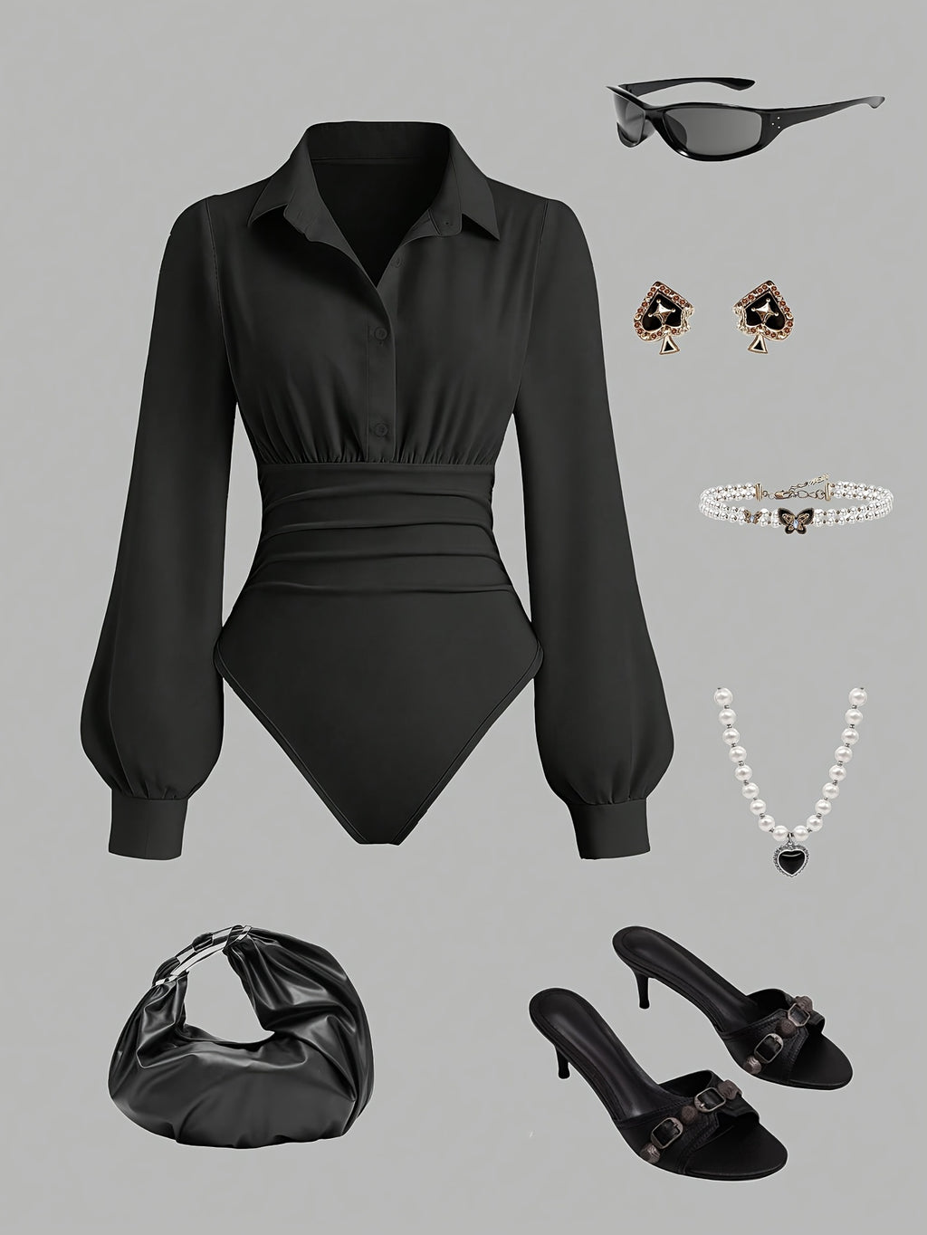 Workplace Business Style Lapel Jumpsuit, Waist-Cinching Pleated Design Long Sleeve Shirt Bodysuit - Black