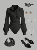 Workplace Business Style Lapel Jumpsuit, Waist-Cinching Pleated Design Long Sleeve Shirt Bodysuit - Black