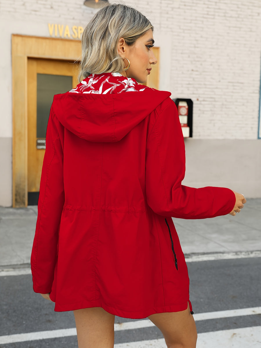 Double-Sided Jacket Women'S Spring And Autumn, Two-Sided Wear, Casual Hooded Jacket, Versatile Lightweight Print (Wash Label Size Label Inside Pocket) - Red