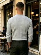 [Josh Mei OBM] Fall Winter Men'S Diamond Jacquard Henley Long Sleeve Sweater, Half-Button Placket Slim Fit Versatile Pullover Top, Suitable for Office, Street And Weekend Casual Wear Soft Knit Top, Multi-Color Options - Light Grey