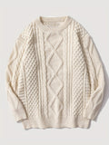 ANDREILEE Men's Japanese Vintage Rhombus Cable Knit Sweater - Oversized Loose Fit Crew Neck Sweater Suitable for Daily Wear, Office & Commuting, Warm Winter Pullover with Cable, Hand Washable Solid Color Knitwear - Apricot
