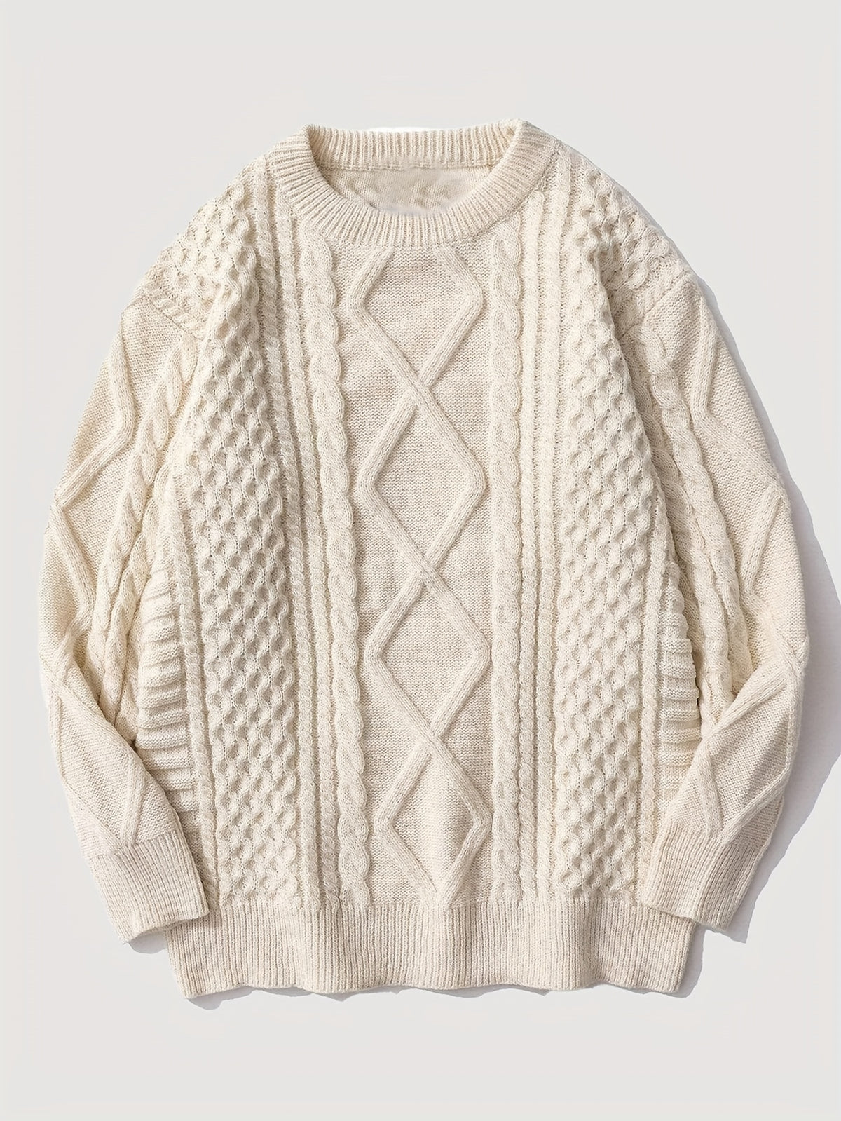 ANDREILEE Men's Japanese Vintage Rhombus Cable Knit Sweater - Oversized Loose Fit Crew Neck Sweater Suitable for Daily Wear, Office & Commuting, Warm Winter Pullover with Cable, Hand Washable Solid Color Knitwear - Apricot