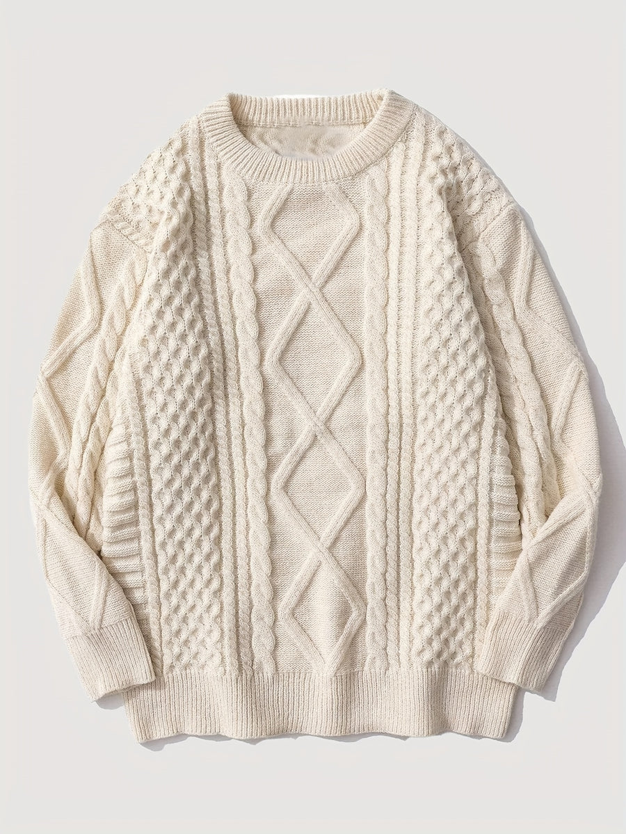 ANDREILEE Men's Japanese Vintage Rhombus Cable Knit Sweater - Oversized Loose Fit Crew Neck Sweater Suitable for Daily Wear, Office & Commuting, Warm Winter Pullover with Cable, Hand Washable Solid Color Knitwear - Apricot