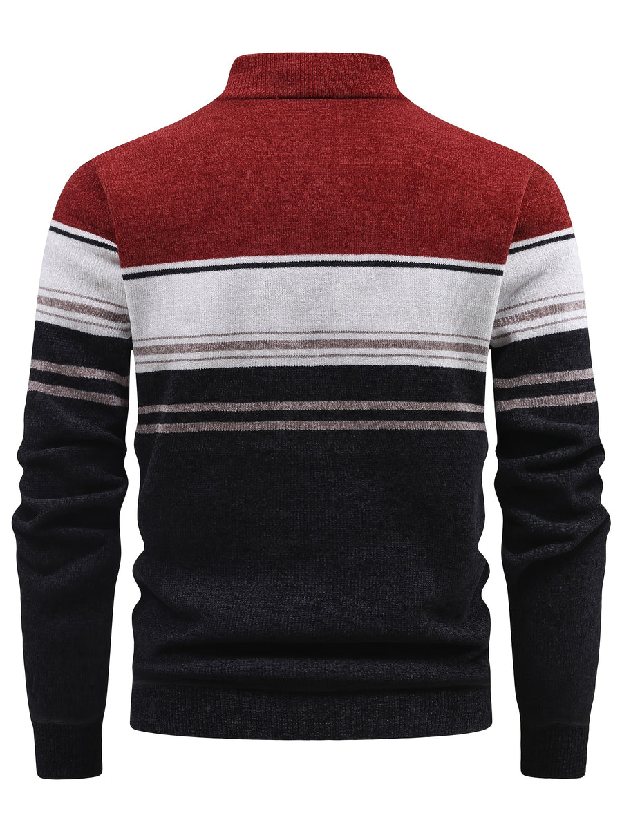 Autumn And Winter Men'S Half-Zip Stand-Up Collar Sweater, Fleece-Lined And Thickened, Letter Pattern, Contrasting Color Stripes, Business Casual Knit Pullover Shirt, Men'S Warm Top, Suitable for Daily Commuting And Outdoor Activities - Deep Red