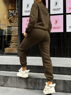 Women'S Autumn Winter Two-Piece Set, Easy Pattern Sweatshirt And Jogger Pants - Dark Brown