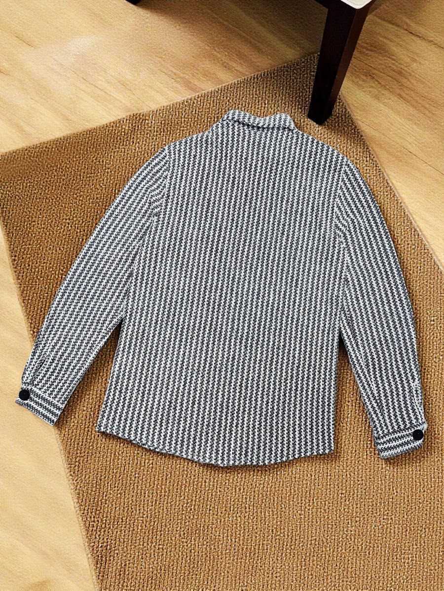 4pcsMen's Textured Knit Jacket, Vertical Striped Button- Collar Long Sleeve Casual Coat, Suitable for Daily Outdoor Wear - Light Grey