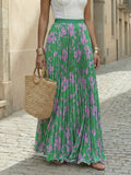 French Temperament Printed High-Waisted A-Line Pleated Vacation Style Half-Skirt - Green