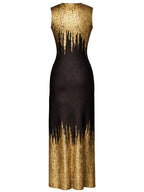 Elegant Sleeveless Slim-Fit Sequin Gown Dress with Golden Sequin Gradient Print, Straight Cut Flattering Long Dress, Suitable for Evening Parties and Gatherings - Black