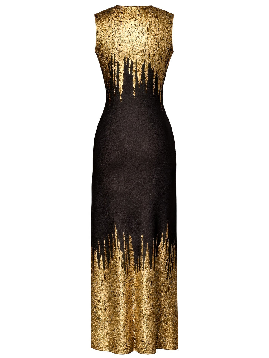 Elegant Sleeveless Slim-Fit Sequin Gown Dress with Golden Sequin Gradient Print, Straight Cut Flattering Long Dress, Suitable for Evening Parties and Gatherings - Black