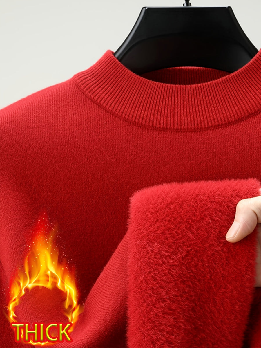 Men's Half-Turtleneck -Lined Thickened Warm Sweater, Featuring a Classic Half-turtleneck Design That Fits Snugly Around the Neck for Wind Protection and Warmth. Solid Color, Simple and Versatile, Suitable for Both Commuting and Daily Wear - China Red
