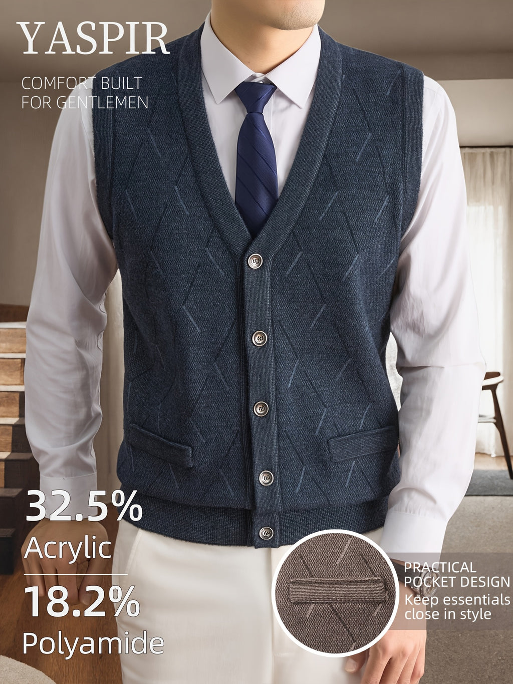 Men's Fall Winter Knit Vest with Elegant Open Front Design and Dual Pockets. Classic Old Money Style with Warmth and Comfort, Perfect for Business Casual, Daily Wear, Outdoor Activities, and Travel. A Stylish Gift Choice for Dad or Husband. - Colorful Blue