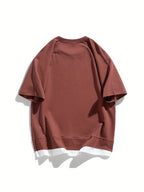 Summer Casual Men's Raglan Sleeve Short Sleeve T-Shirt, Simple Color-Block 2-in-1 Look, Solid Color Top, Trendy Youth Tee - Burgundy
