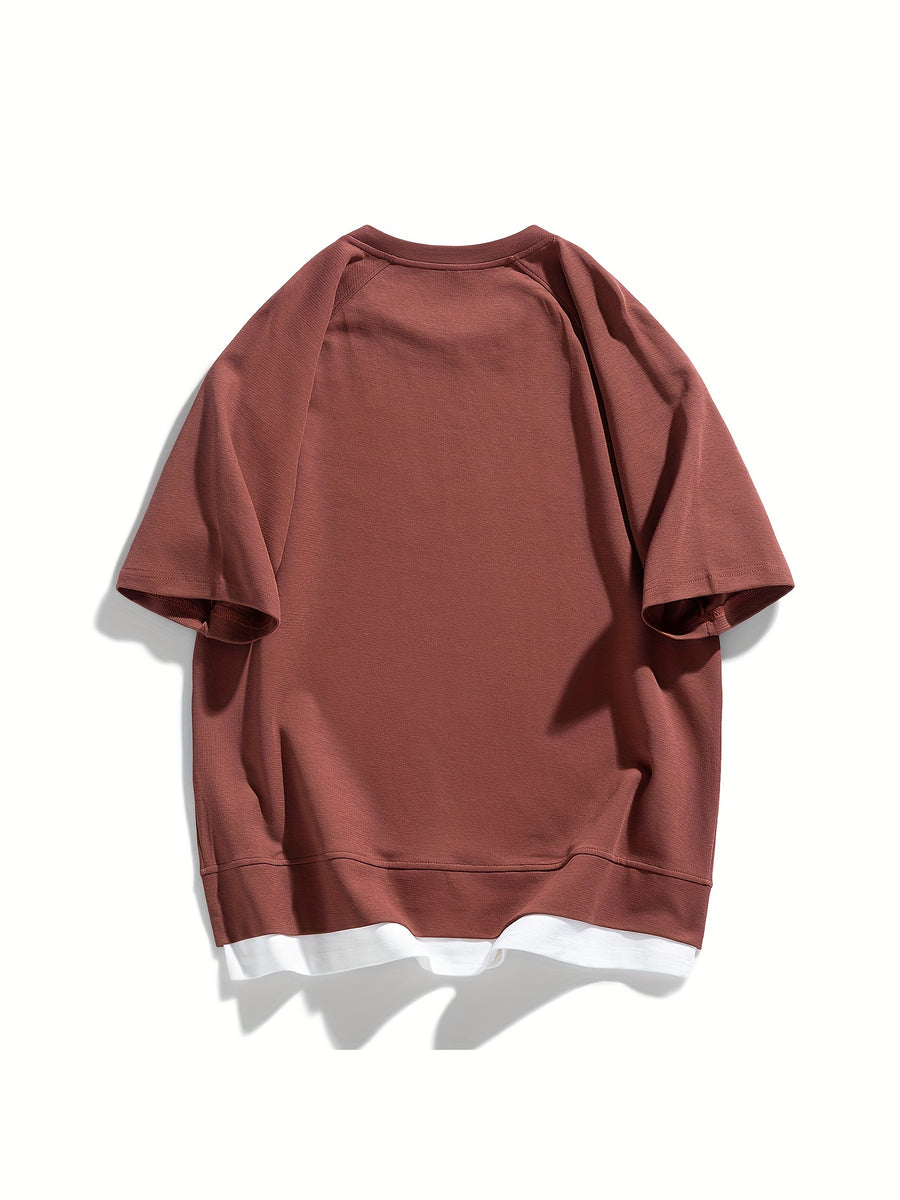Summer Casual Men's Raglan Sleeve Short Sleeve T-Shirt, Simple Color-Block 2-in-1 Look, Solid Color Top, Trendy Youth Tee - Burgundy