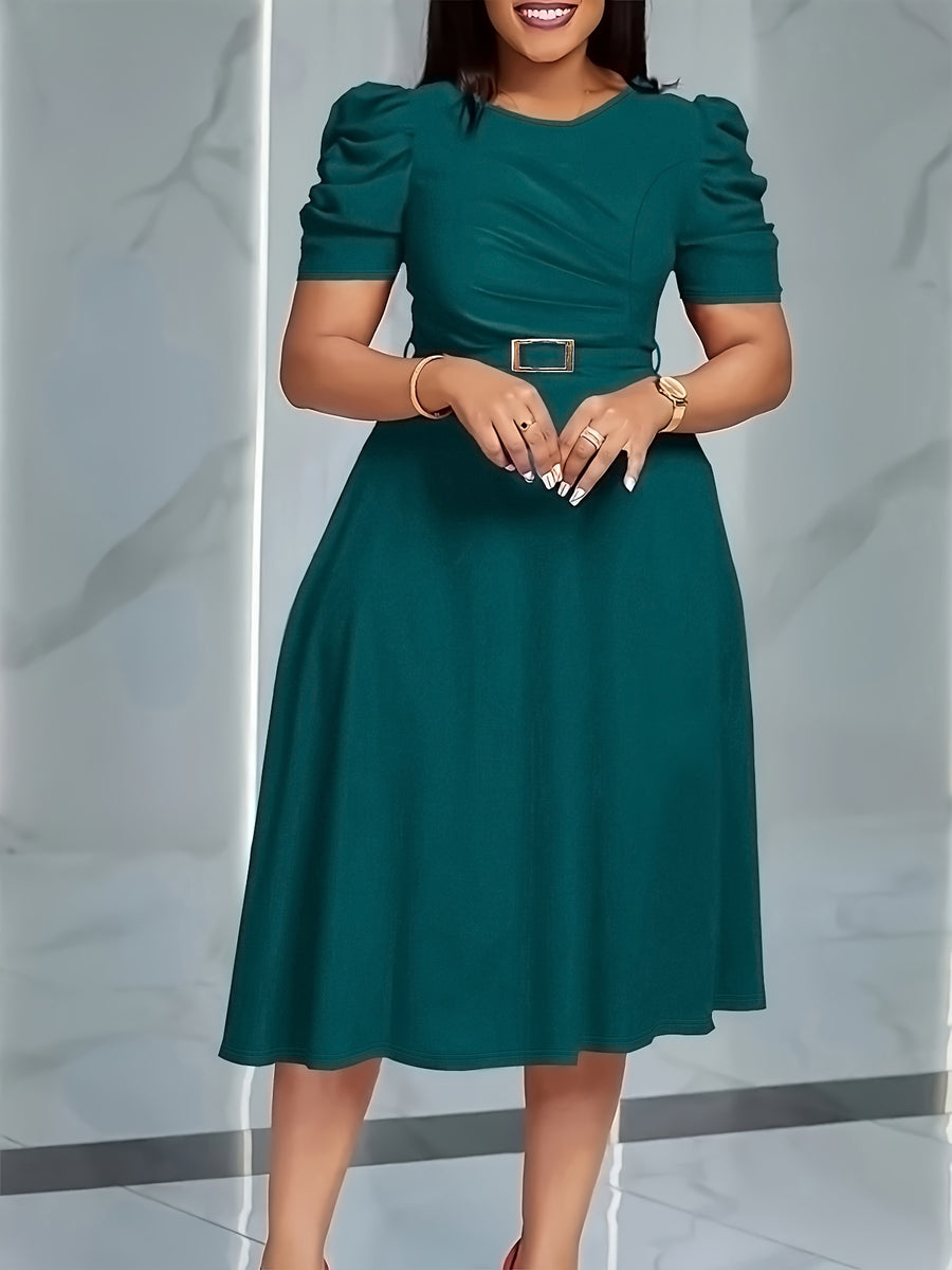 Women'S Elegant V-Neck Ruched Midi Dress, Solid Color Short Sleeve, Waist-Cinching Belt, Flowing Skirt, Perfect Spring Summer Outfit, Adult Fashion, Comfortable Daily Elegant Waist-Cinching Dress, Ruched Detail - Peacock Blue