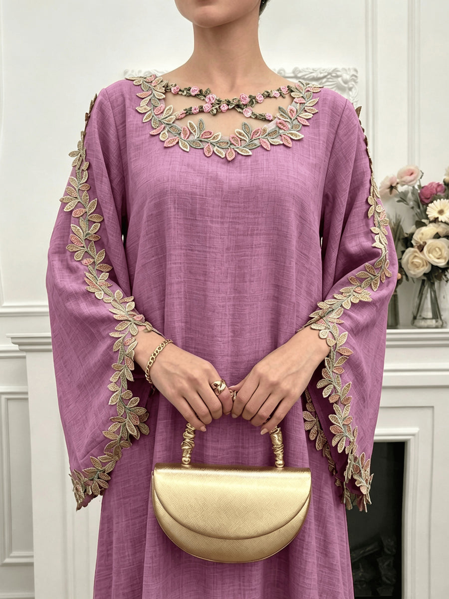 Women's Loose-fit Long-sleeve Dress, Arabic Style, Adorned with Embroidery and Cross Patterns - Pink Purple