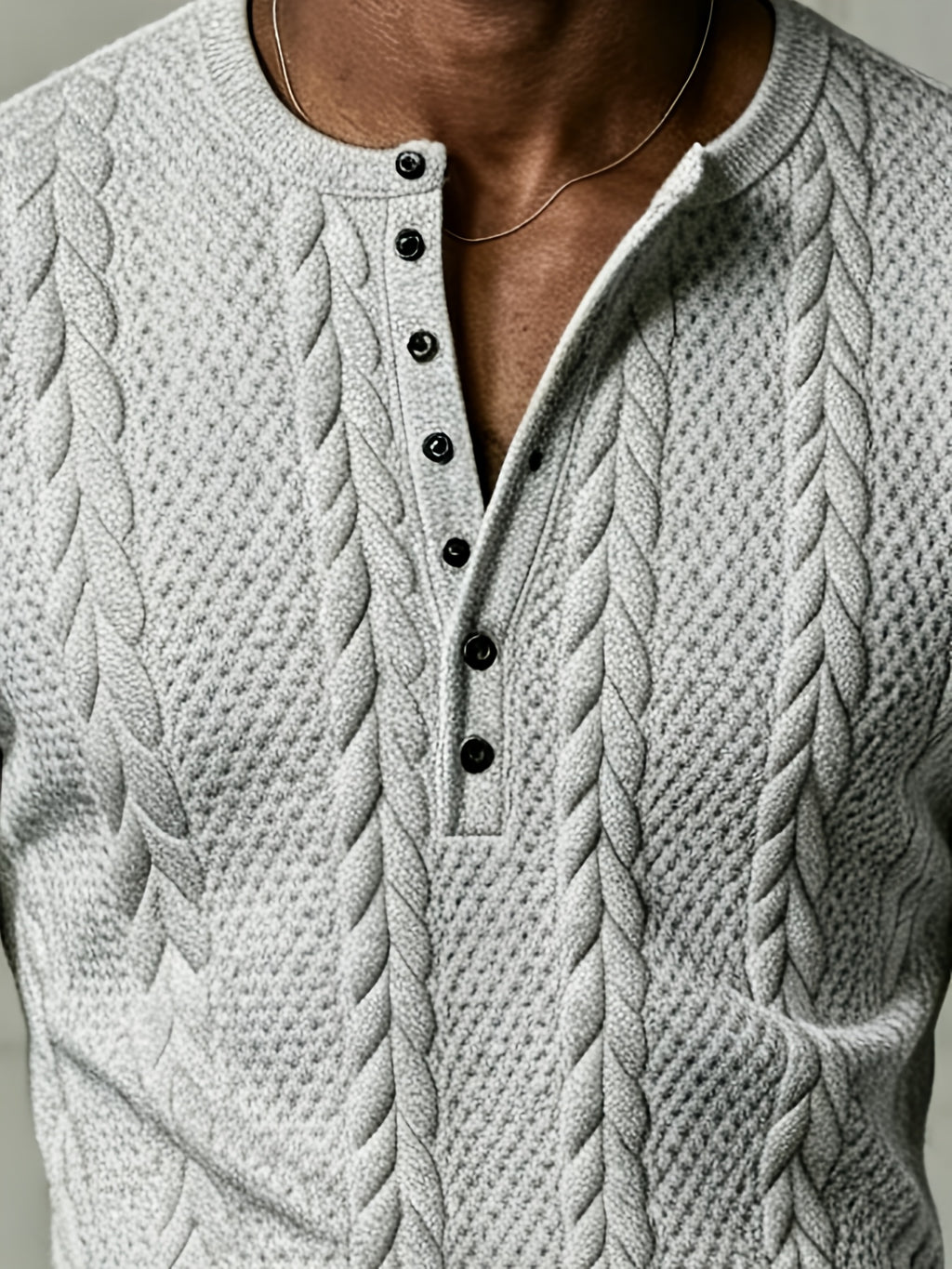 Autumn Men'S White Textured Henley Top, Half-Buttoned Jacquard Long Sleeve Knit Pullover, Korean Style Clean Fit for Men, Slight Stretch Regular Fit, Outdoor And Office Versatile Top - Light Grey