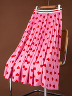 Heart Print Elastic Waist Band Skirt, Casual A-line Pleat Skirt For Spring & Summer, Women's Clothing - Pink
