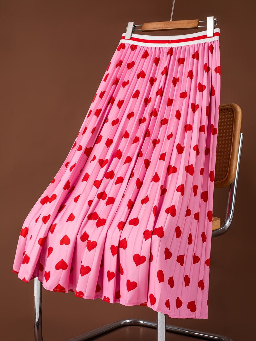 Heart Print Elastic Waist Band Skirt, Casual A-line Pleat Skirt For Spring & Summer, Women's Clothing - Pink