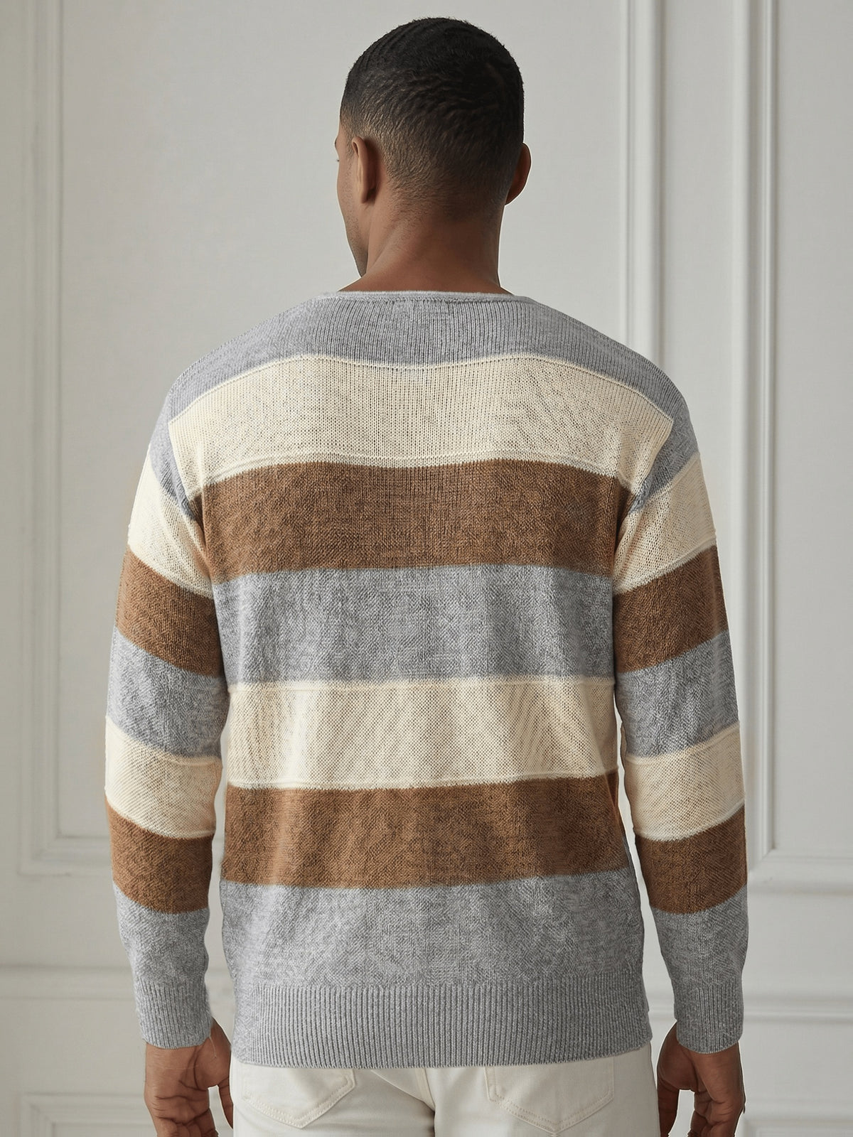 New Autumn/Winter Men's and Youth Striped V-Neck Pullover Knit Long-Sleeve Casual Beachwear Top for Men - Khaki