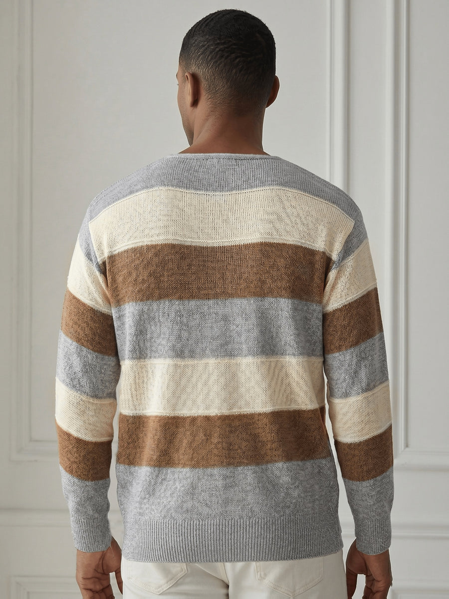 New Autumn/Winter Men's and Youth Striped V-Neck Pullover Knit Long-Sleeve Casual Beachwear Top for Men - Khaki