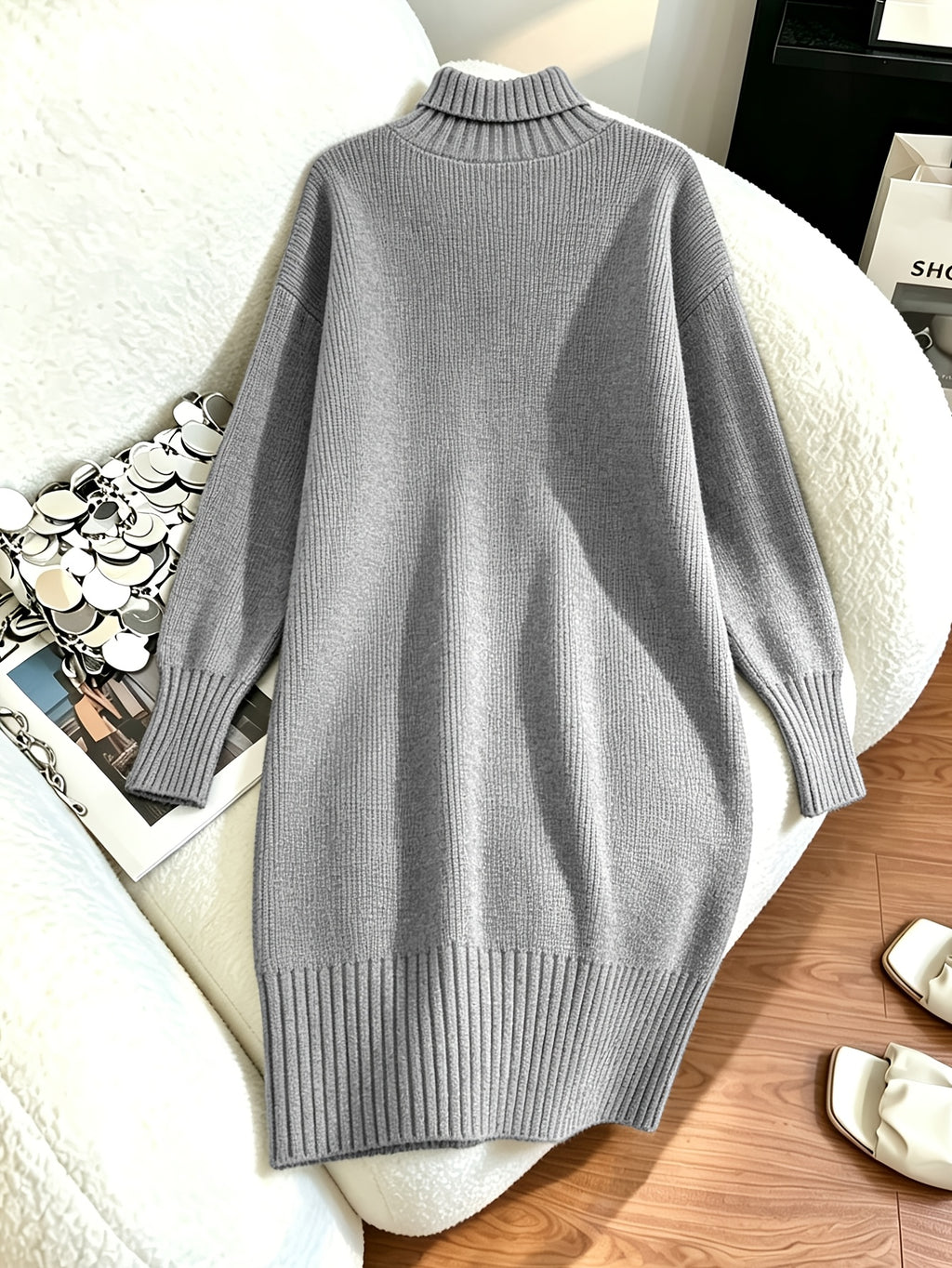 Women's Mid-length Sweater Dress, Korean-style Loose-fit Long Straight-cut Dress That Conceals Curves and Is, Solid-color Outerwear Sweater Dress, Elegant High-neck Base Layer Dress, High-end Winter Sweater Dress - Grey