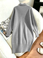 Women's Mid-length Sweater Dress, Korean-style Loose-fit Long Straight-cut Dress That Conceals Curves and Is, Solid-color Outerwear Sweater Dress, Elegant High-neck Base Layer Dress, High-end Winter Sweater Dress - Grey