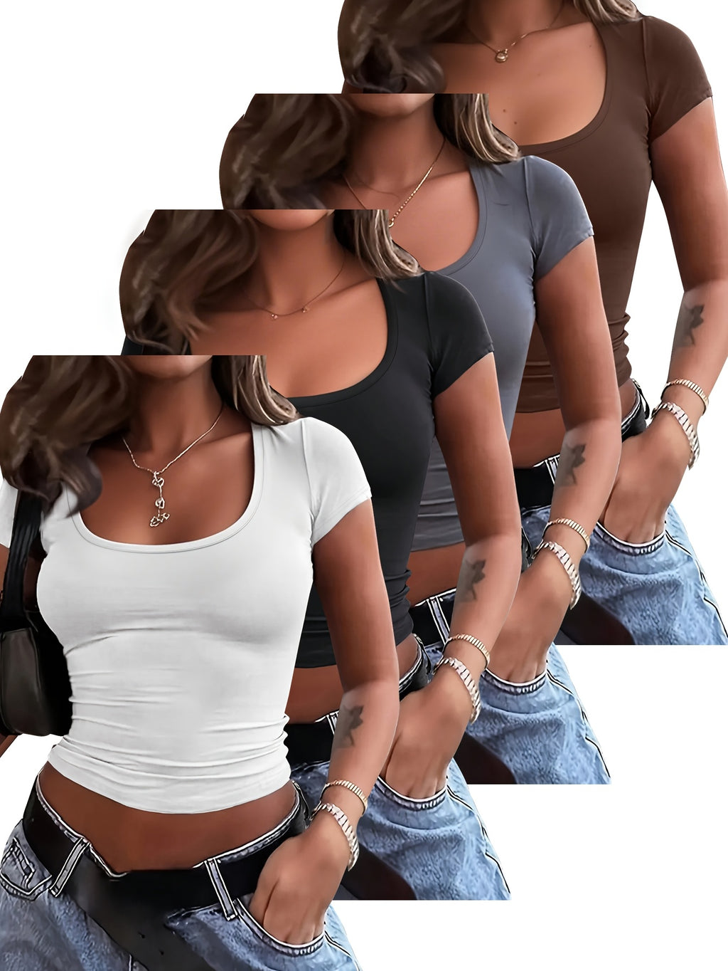 4pcs Set U-Neck Short-Sleeved T-Shirt Women'S Summer New Solid Color Slim Short All-Match Top - White+Black+Dark Gray+Brown
