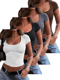 4pcs Set U-Neck Short-Sleeved T-Shirt Women'S Summer New Solid Color Slim Short All-Match Top - White+Black+Dark Gray+Brown