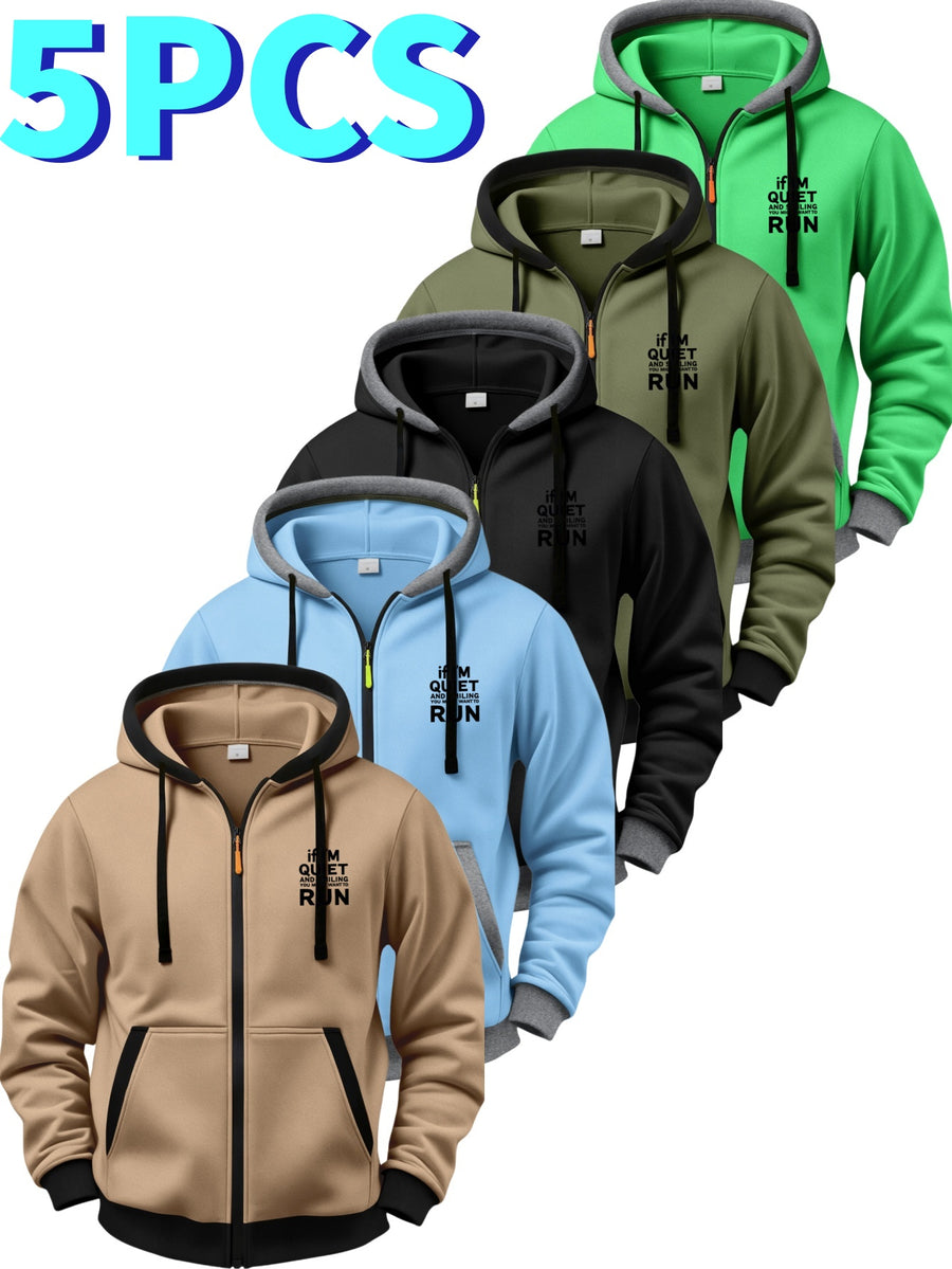 5pcs Set of Color-Blocked Full-Zip Hooded Cardigans, Easy Layered Thick RUN Inspirational English Short Sentence Small Print Loose Drawstring Casual Long Sleeve Jacket - Black + Grass Green + Army Green + Sky Blue + Khaki