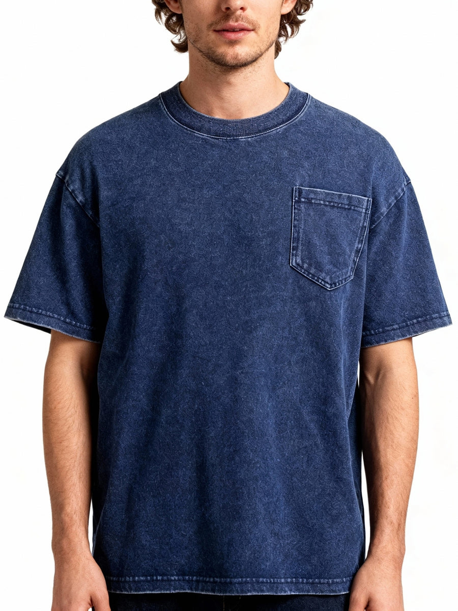 Spring Summer Fall New 240G Heavyweight Denim Washed T-Shirt Pocket Style Short Sleeve Loose American Vintage Trendy Brand Short Sleeve T-Shirt Men'S T-Shirt - Royal Blue
