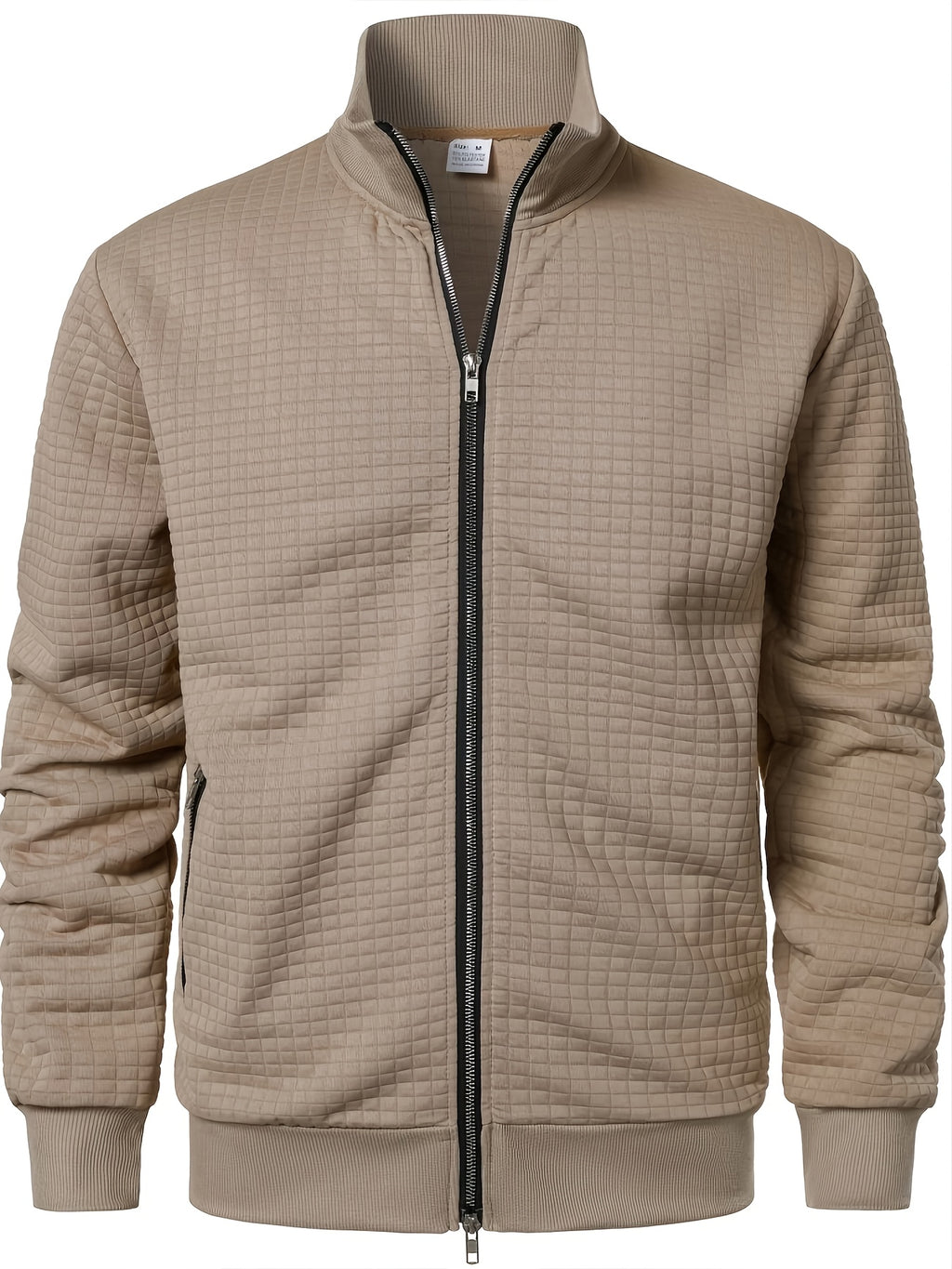 Pearson OBM Men's Checkered Textured Baseball Jacket, Waffle Knit Full-Zip Casual Outerwear, Spring/Autumn Lightweight Loose-Fit Versatile Long-Sleeve Top / Casual Commute / Outdoor Wear, Smart Casual Layering - Khaki