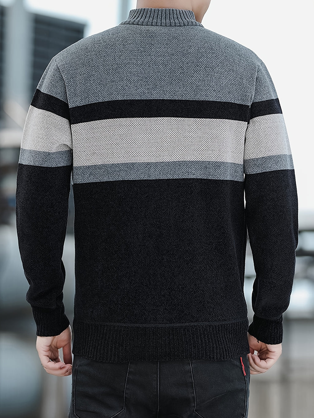 Men'S Autumn Winter Striped Contrasting Stand Up Collar, Thick Knit with Velvet, Zipper Jacket, Suitable for Autumn Winter Outdoor (Selected from Temujin) - Light Grey