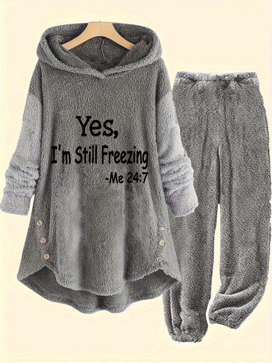 Targeted Development, Fashion Women'S Casual Fall/Winter Hooded Long Sleeve Printed Button-Up Trousers Set - Dark Gray