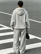 2pcs Women's Spring, Autumn, and Winter -Lined Casual Elegant Winter Set, Daily Fashion Outfit Set with a Relaxed and Premium Texture, Simple -Lined Hooded Sweatshirt + Loose -Lined Thick Wide-Leg Pants Set - Gray Set