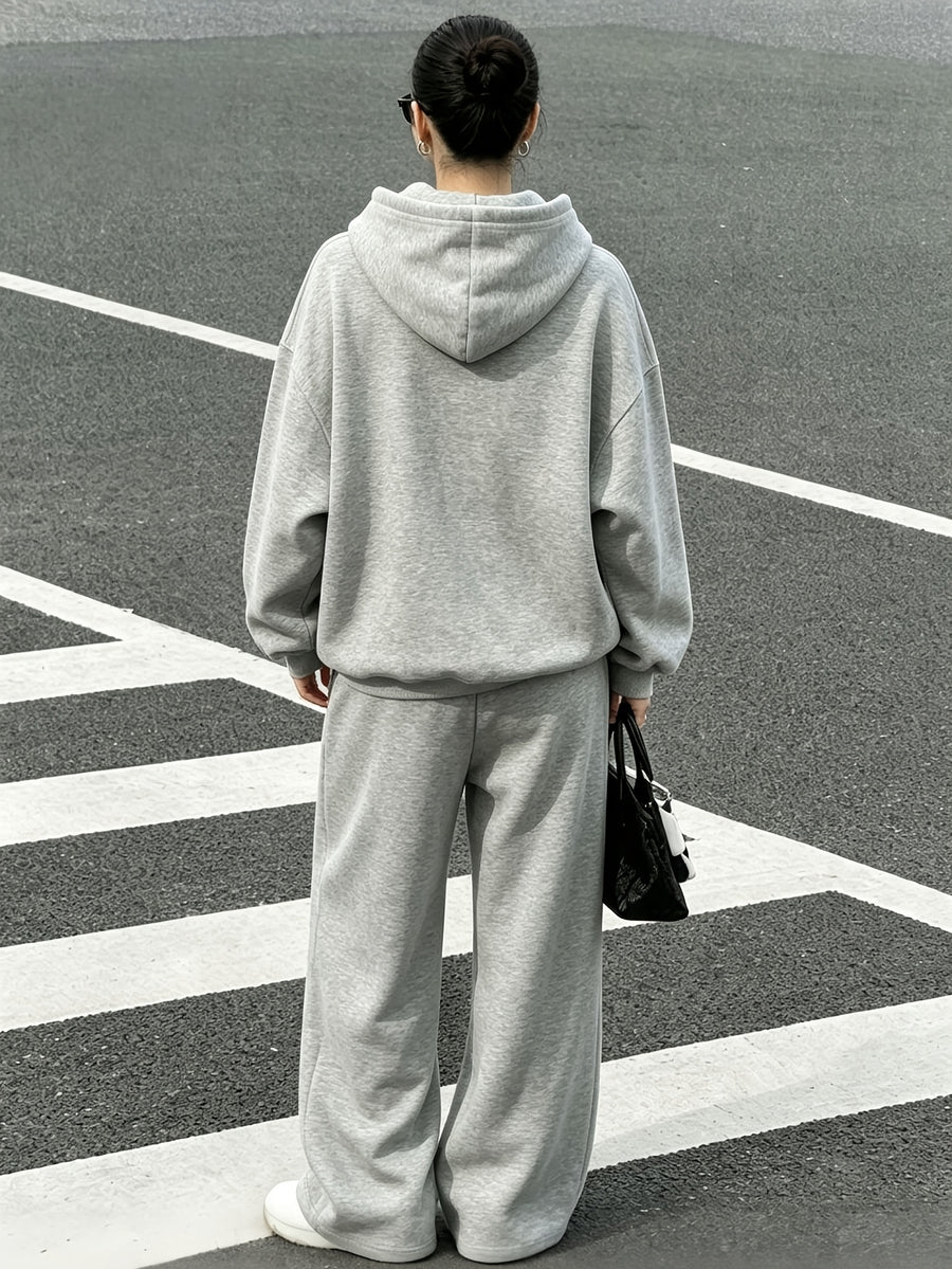 2pcs Women's Spring, Autumn, and Winter -Lined Casual Elegant Winter Set. Mountain Peak Minimalist Print Pattern Daily Fashion Outfit Set, with a Relaxed yet Premium Texture. Simple, , and Trendy -lined Hooded Sweatshirt + Loose, Thickened -lined - Gray Set