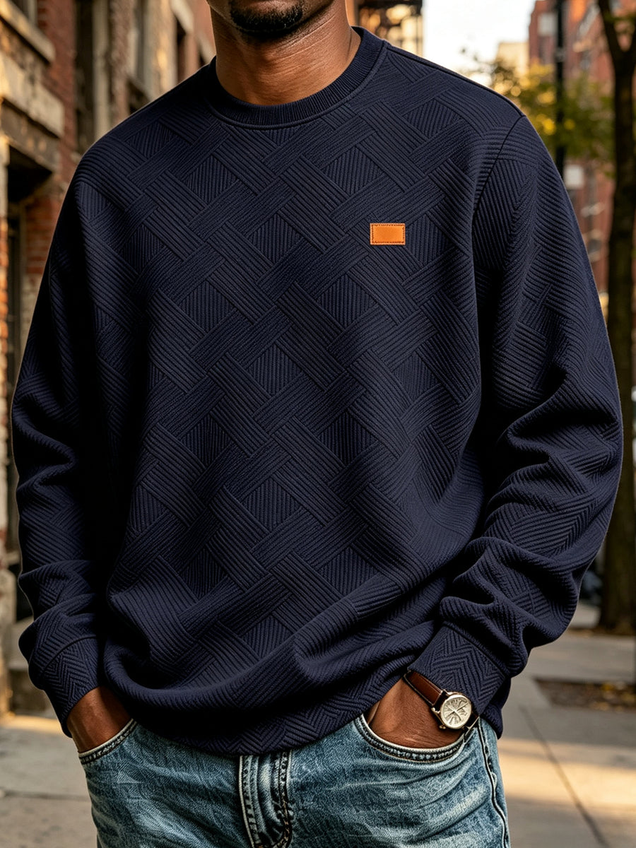 Men'S Fall Winter Crew Neck Sweatshirt 3D Textured Long Sleeve Pullover Loose Fit Casual Sports Commute Daily Home Outer Top Plus Size - Navy Blue