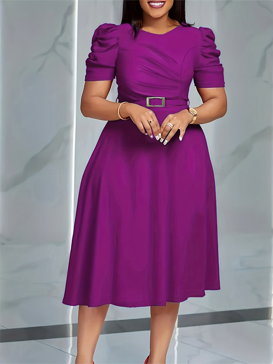 Women'S Elegant V-Neck Ruched Midi Dress, Solid Color Short Sleeve, Waist-Cinching Belt, Flowing Skirt, Perfect Spring Summer Outfit, Adult Fashion, Comfortable Daily Elegant Waist-Cinching Dress, Ruched Detail - Violet