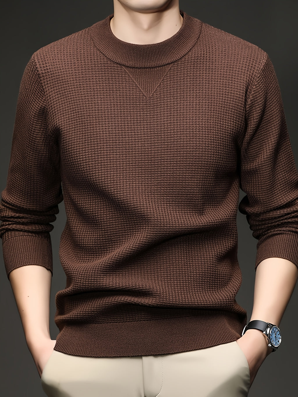 Men's Waffle Knit Half-Turtleneck Base Layer, a Low-cut Half-turtleneck That Doesn't Constrict the Neck, Providing Moderate Warmth, Suitable for Both Business Attire and Casual Daily Wear - SINBOS - Coffee Color