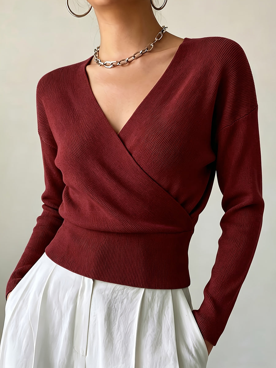 Women'S New Arrivals INS Autumn/Winter Cross-Collar Pullover, Elegant Versatile Loose Fit Machine Washable Long-Sleeve Knitwear - Burgundy