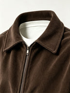 AOMDOTB Men's Corduroy Baseball Jacket - Preppy Collar Zipper Jacket with Chest Label Design & Double-Side Pockets, Solid Color Corduroy Outerwear Suitable for Daily Commuting, School, Back-to-School Outfits (for Teen) - Dark Brown