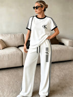 2pcs Set of Barcode Women'S Short Sleeve Long Pants, Printed Color-Block Comfortable Soft Casual Outdoor Sports Set Long Sweatpants Short Sleeve Top - White
