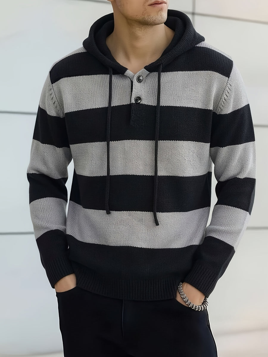 Men's Striped Hooded Knitwear Spring/Autumn Henley Collar Button Drawstring Pullover Sweater Casual Long Sleeve Color Block Top - Light Gray And Black