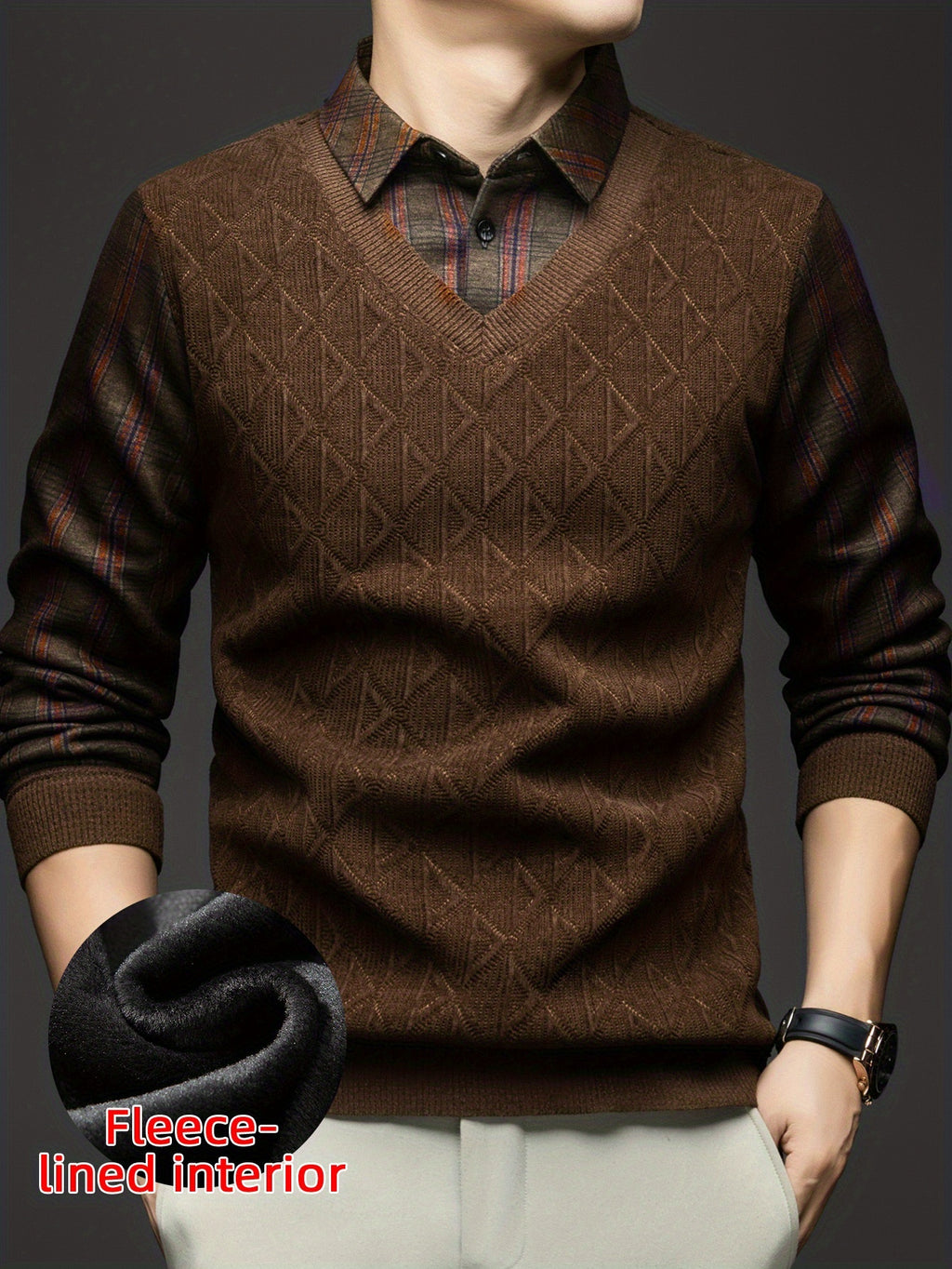 Men'S Fleece Fake Two-Piece Sweater, Plaid Lapel with Diamond Jacquard Design, Business Casual Warm Knit Top, Inner Thick Base Layer Shirt, Suitable for Men'S Commute And Casual Wear - Coffee Color