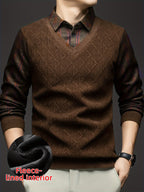Men'S Fleece Fake Two-Piece Sweater, Plaid Lapel with Diamond Jacquard Design, Business Casual Warm Knit Top, Inner Thick Base Layer Shirt, Suitable for Men'S Commute And Casual Wear - Coffee Color