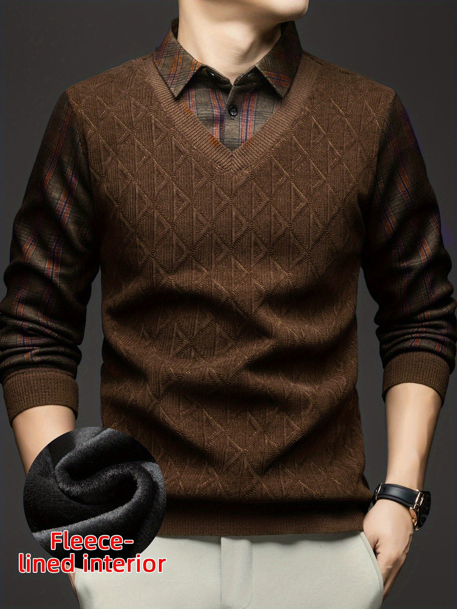 Men'S Fleece Fake Two-Piece Sweater, Plaid Lapel with Diamond Jacquard Design, Business Casual Warm Knit Top, Inner Thick Base Layer Shirt, Suitable for Men'S Commute And Casual Wear - Coffee Color