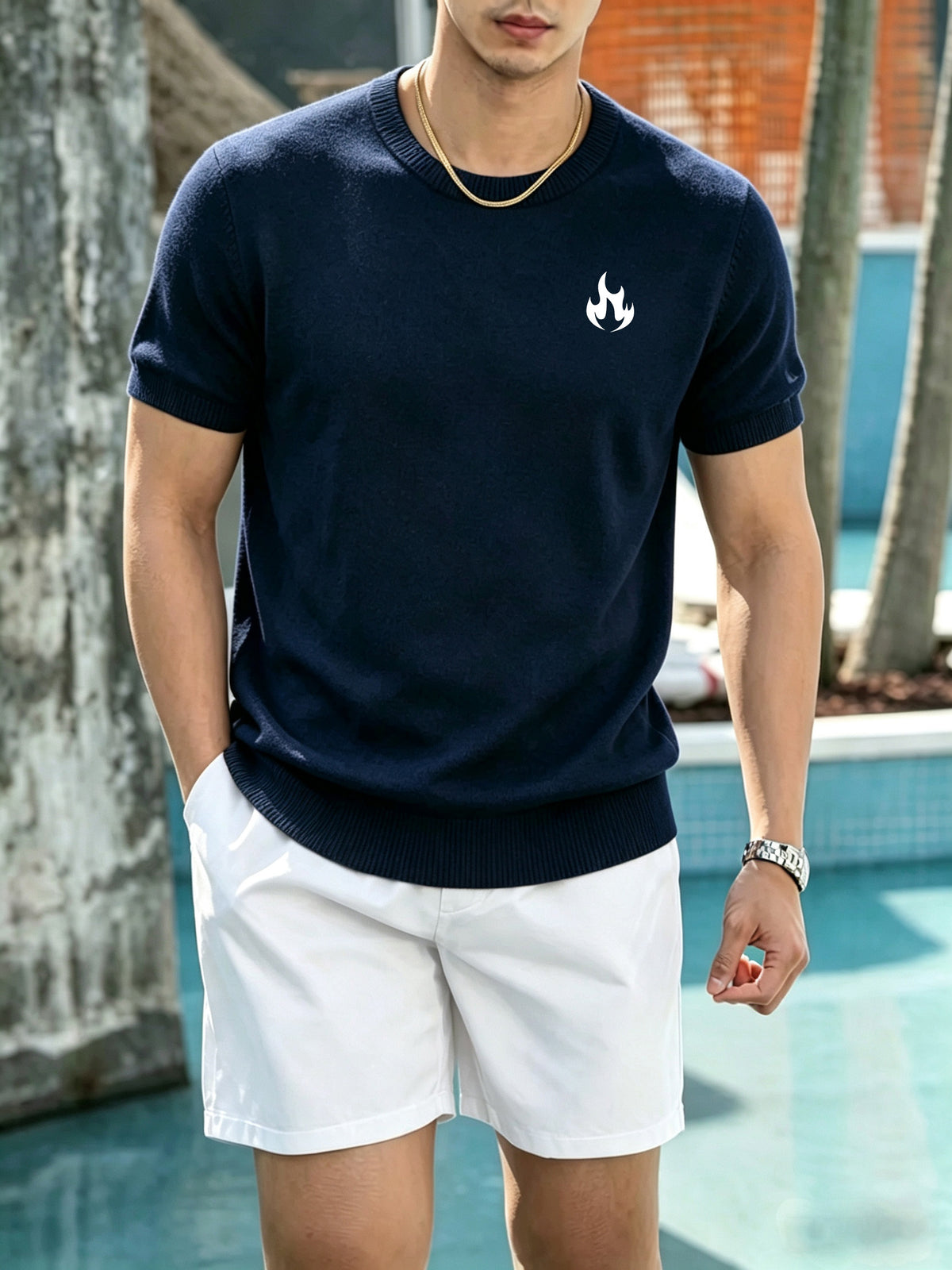 Men'S Round Neck Short Sleeve Knit Sweater, Easy Small Flame Thin Fit Casual Base Layer Top - Navy Color