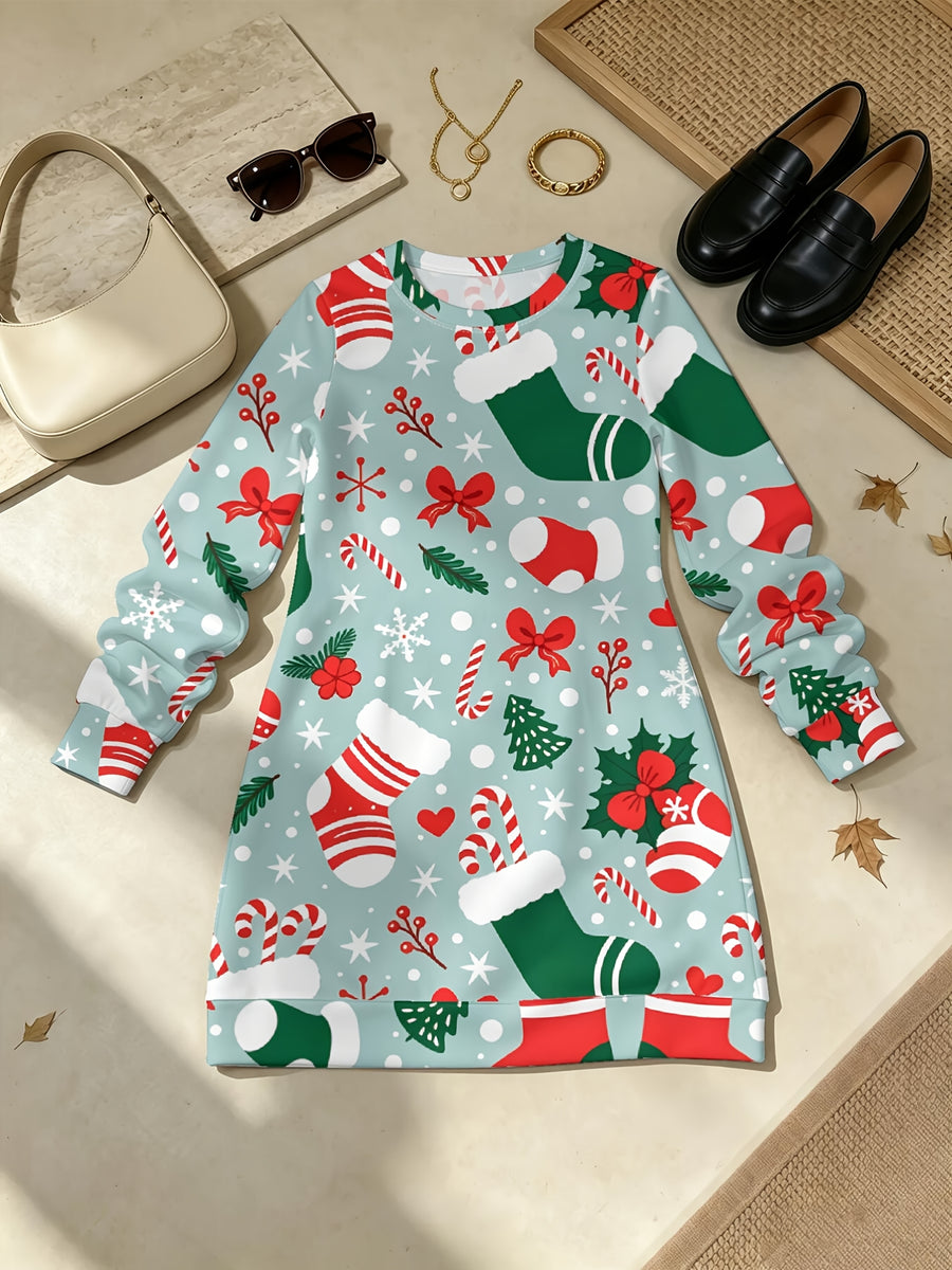 Christmas StockingsWomen's All Over Print Long Sleeve Dress, Slight Stretch Crew Neck A Line Straight Hem, Versatile for Commute, Home & Dating - Multicolor