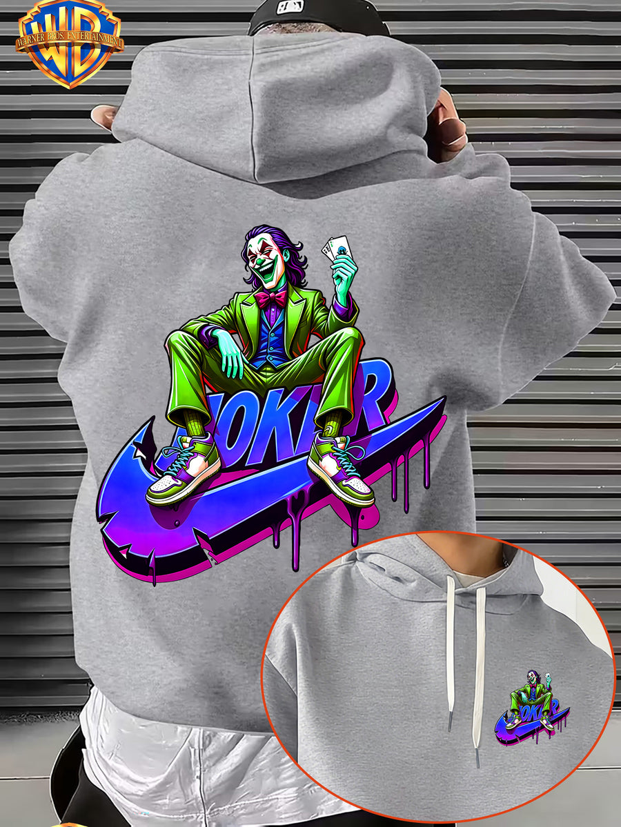 Warner Bros. Licensed, Purple Blue Neon Fluid Droplet Green Suit Bow Tie Licensed Clown Trendy Cool Print Men'S Fashion Hooded Sweatshirt, Sleeve Print Design, Kangaroo Pocket, Drawstring Hood, Suitable for Casual Wear And Outdoor Activities - Light Grey